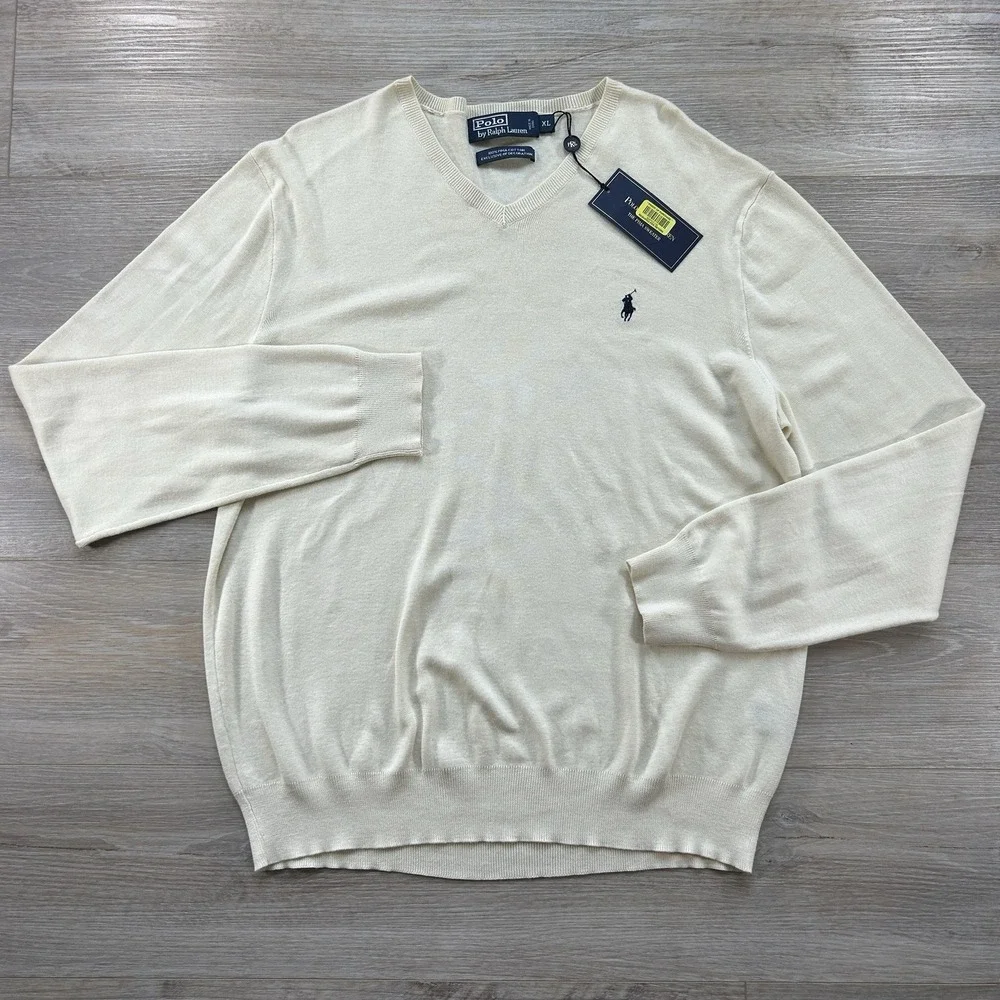 NWT Polo Ralph Lauren Sweater Mens XL Ivory Knit Pima Cotton V-Neck